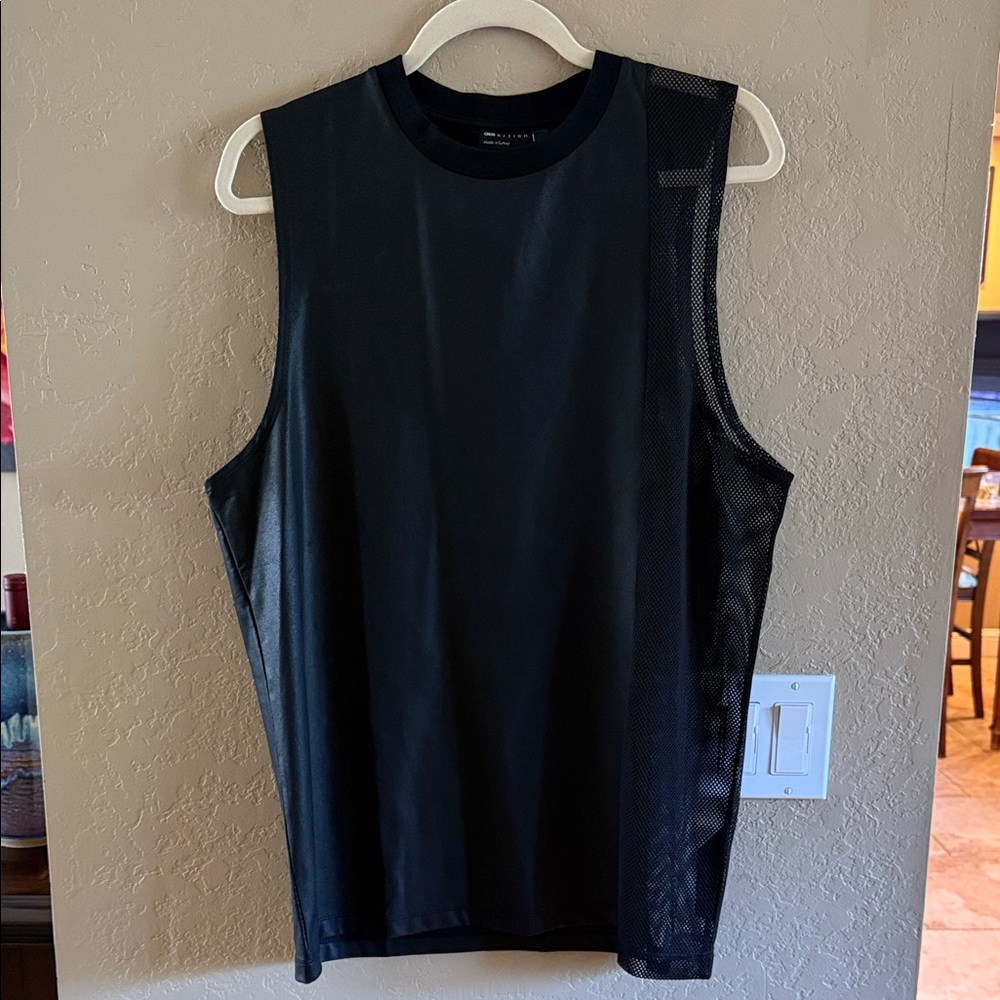 ASOS Design Mens Black Top Sleeveless Faux leather knit Mesh side Large - Picture 4 of 14